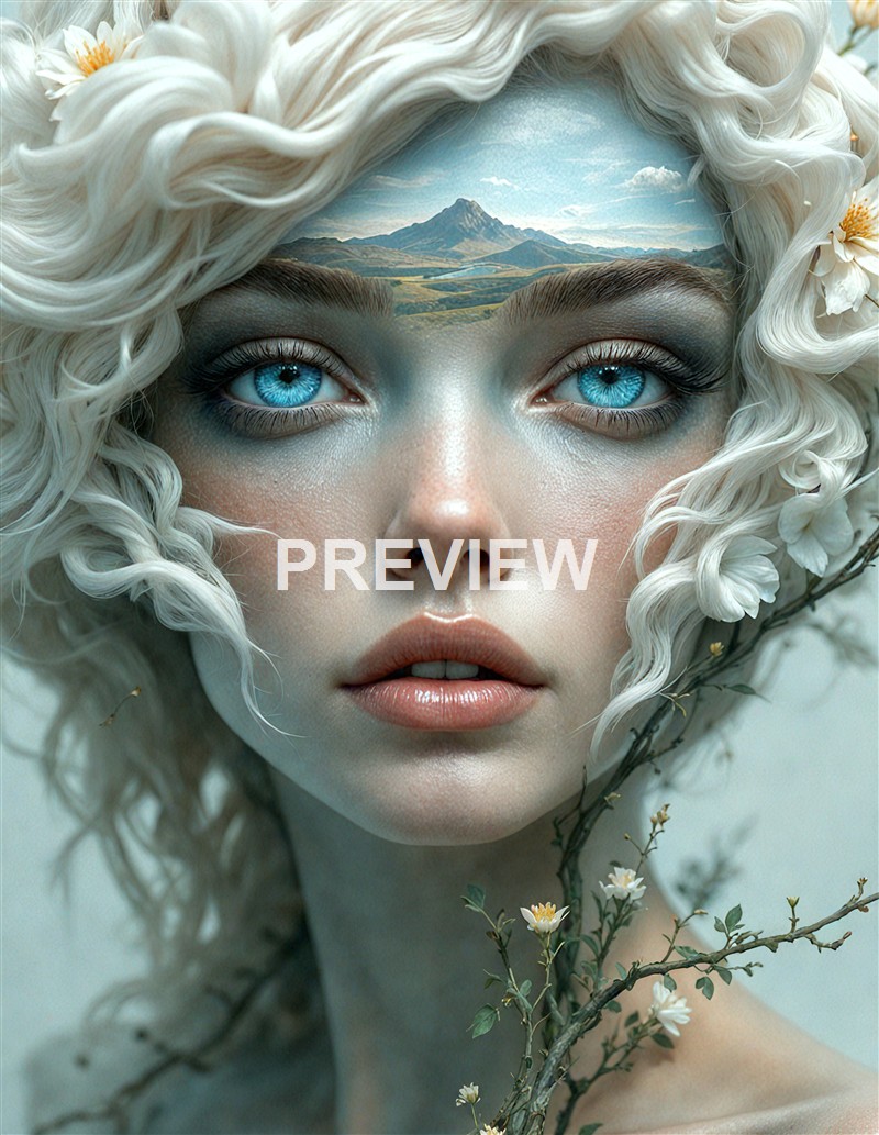 A close-up portrait of a woman with pale skin, striking blue eyes, platinum blonde curly hair, and a landscape scene of mountains and sky seamlessly blended into her forehead, with delicate flowers and branches around her neck.